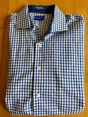Vintage Adrian Jules Custom Shirt Mens L Made in USA Bespoke Blue Gingham Cotton
